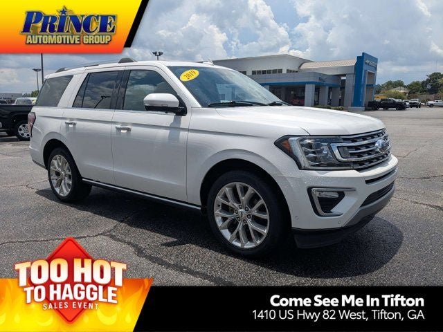 2019 Ford Expedition Limited in White Platinum Clearcoat Metallic — front three-quarter view