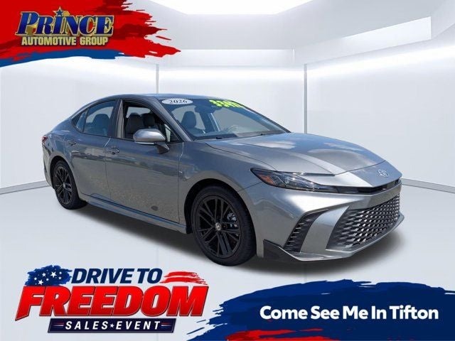2026 Toyota Camry SE in Heavy Metal — front three-quarter view