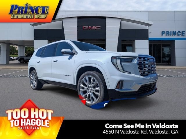 2026 GMC Acadia Denali in Glacier White Tricoat — front three-quarter view