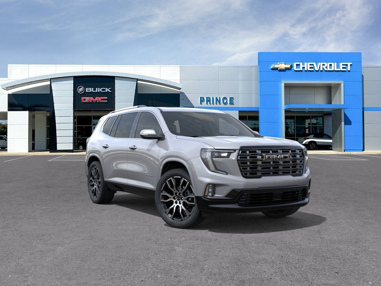 2026 GMC Acadia Denali Ultimate in Sterling Metallic — front three-quarter view