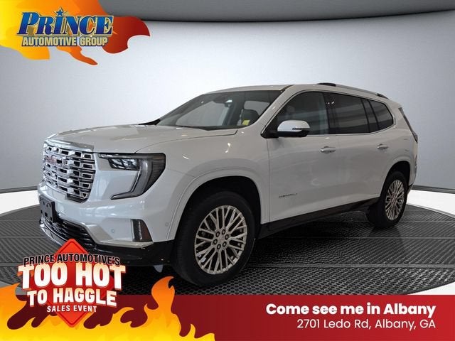 2026 GMC Acadia Denali in Glacier White Tricoat — front three-quarter view