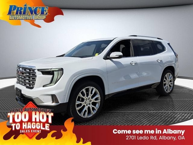 2026 GMC Acadia Denali in Glacier White Tricoat — front three-quarter view